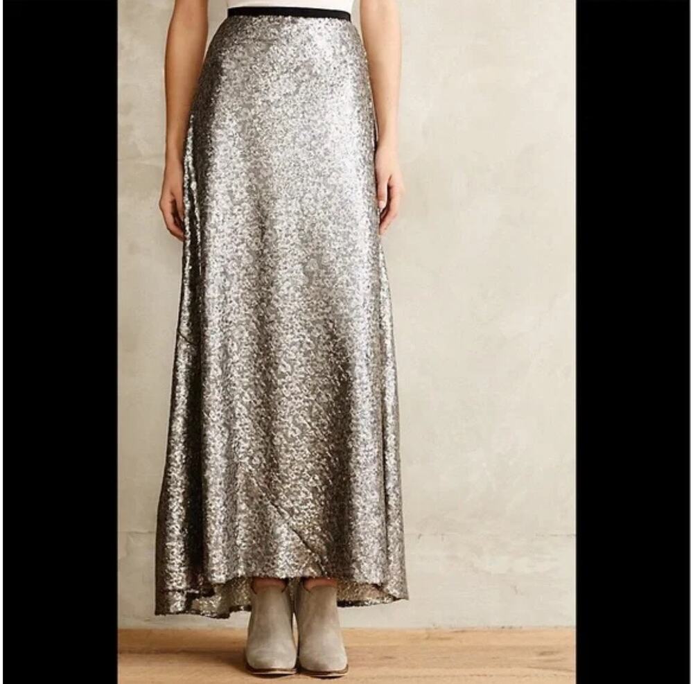 Anthropologie Corey Lynn Calter Liza Maxi Skirt Silver Sequined Size 2 Cocktail